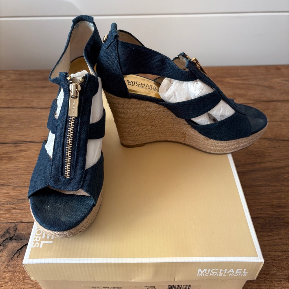 Michael Kors Navy Wedge Sandals with Gold Zipper